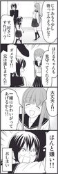  4koma anger_vein braid comic hug long_hair monochrome original school_uniform skirt smile twin_braids wakabayashi_toshiya 