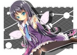  1girl black_hair blue_eyes breasts dress hair_ornament hairclip long_hair original pantyhose purple_dress sideboob sitting smile solo very_long_hair wariza wings 