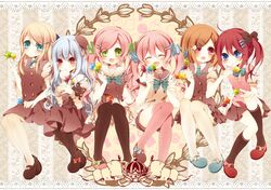  ahoge anju_(meipurusanchi) blonde_hair blue_hair brown_hair candy closed_eyes dress fang green_eyes hair_ornament hairclip hairpin hat kneehighs lollipop long_hair original pink_hair red_eyes school_uniform scrunchie shoes siblings smile stuffed_animal stuffed_toy thigh-highs twins twintails zettai_ryouiki 