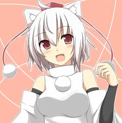  1girl animal_ears blush breasts bust detached_sleeves fang gauntlets hat hat_ribbon highres inubashiri_momiji looking_at_viewer mii_(makosuke) open_mouth pink_eyes ribbon shirt short_hair silver_hair smile solo tokin_hat touhou wide_sleeves wolf_ears 