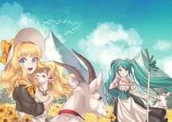  2girls bell bell_collar bird blonde_hair clouds collar corset dress flower goat green_eyes green_hair hat hatsune_miku long_hair mountain multiple_girls open_mouth seeu sky spring_onion tanpi twintails very_long_hair vocaloid 