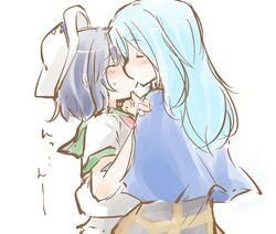  2girls black_hair blue_hair bust capelet hat hood_down kenoka kiss kumoi_ichirin long_hair multiple_girls murasa_minamitsu sailor_hat short_hair touhou yuri 