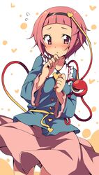  1girl alternate_hairstyle blush highres komeiji_satori oniku-chan pink_eyes pink_hair short_hair skirt solo third_eye touhou 