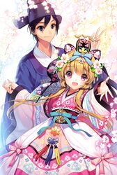  1boy 1girl blonde_hair cherrypin dress flower hat long_hair open_mouth original pink_eyes short_hair smile traditional_clothes 
