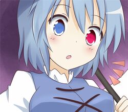  1girl blue_eyes blue_hair breasts hachimi heterochromia karakasa_obake open_mouth red_eyes short_hair solo tatara_kogasa touhou umbrella 