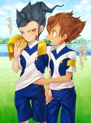  2boys blue_hair brown_hair highres holding_hands inazuma_eleven_(series) inazuma_eleven_go inazuma_eleven_go_galaxy male matsukaze_tenma multiple_boys open_mouth shinsei_inazuma_japan soccer_uniform sweat tsurugi_kyousuke yamaki_suzume yaoi yellow_eyes 