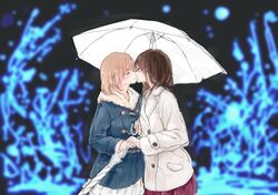  brown_eyes brown_hair coat holding_hands incipient_kiss original sketch skirt syou_(endemic_species) umbrella yuri 