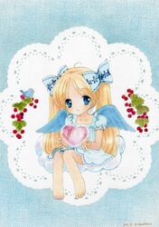  1girl absurdres barefoot bird blonde_hair blue_eyes cherry child dress food fruit hair_ribbon heart highres long_hair original ribbon smile solo wings 