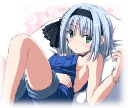  1girl alternate_costume bangle blush bracelet breasts green_eyes hair_ribbon hairband jewelry konpaku_youmu nori_tamago open_mouth pillow ribbon short_hair silver_hair solo touhou 