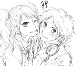  !? 1boy 1girl aa_rin blush earrings gakuran greyscale grin hanamura_yousuke headphones hug jewelry kujikawa_rise long_hair monochrome persona persona_4 school_uniform sketch smile sweat twintails wink 