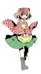  1girl apron bell book boots character_name checkered clothes_writing cross-laced_footwear hair_bell hair_ornament highres japanese_clothes korin_(ra-sky07) lace-up_boots motoori_kosuzu open_mouth red_eyes redhead smile touhou walking wide_sleeves 