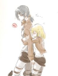  2girls christa_renz closed_eyes graphite_(medium) heart holding hug hug_from_behind kagosumi multiple_girls ponytail scared shingeki_no_kyojin short_hair traditional_media uniform ymir_(shingeki_no_kyojin) 