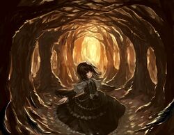  1girl brown_hair dress flower forest hair_ornament maroon10 nature original short_hair solo tree 