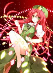  1girl beret blush braid breasts chinese_clothes danmaku green_eyes hat highres hong_meiling leg_up long_hair mog_(artist) puffy_sleeves redhead skirt solo star touhou twin_braids vest 