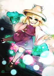  1girl awa_toka blonde_hair flower frog hair_ribbon hat highres lotus moriya_suwako ribbon short_hair skirt smile solo thigh-highs touhou yellow_eyes 