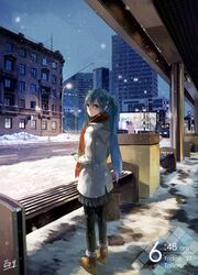  1girl aqua_eyes aqua_hair bench boots digital_media_player earphones earphones gyicarus hatsune_miku long_hair looking_back pantyhose skirt snow snowing solo twintails vocaloid 
