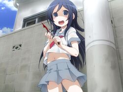  1girl aragaki_ayase blood bloody_knife blue_eyes blue_hair blush clouds crazy_eyes empty_eyes highres knife long_hair navel open_mouth ore_no_imouto_ga_konna_ni_kawaii_wake_ga_nai school_uniform short_sleeves skirt sky solo takeda_yukimura very_long_hair weapon window yandere 