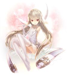 bare_shoulders brown_hair crescent_moon elbow_gloves flute gloves instrument moon original red_eyes ritsuki thigh-highs 
