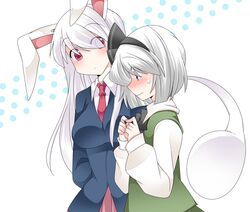  animal_ears blush bowtie commentary dress_shirt hair_ribbon hammer_(sunset_beach) highres konpaku_youmu konpaku_youmu_(ghost) necktie polka_dot rabbit_ears red_eyes reisen_udongein_inaba ribbon shirt simple_background steepled_fingers sweatdrop white_hair 