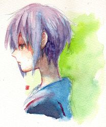  1girl a-ka nagato_yuki profile purple_hair school_uniform serafuku short_hair simple_background solo suzumiya_haruhi_no_yuuutsu traditional_media watercolor_(medium) 