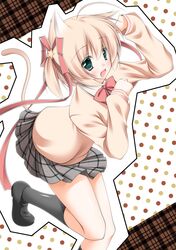  1girl animal_ears blonde_hair cat_ears green_eyes hair_ribbon highres kamikita_komari little_busters! narukami_ginryuu ribbon school_uniform short_hair tail 