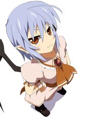  1girl bat_wings fang from_above hand_on_hip lavender_hair red_eyes remilia_scarlet solo touhou wings 