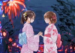  blush brown_eyes brown_hair fireworks hair_ornament holding_hands japanese_clothes kimono obi original ponytail short_hair sketch syou_(endemic_species) yukata yuri 
