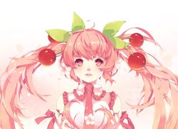  1girl ahoge cherry flower food fruit hair_flower hair_ornament hatsune_miku long_hair mhz necktie pink_eyes pink_hair sakura_miku solo twintails vocaloid 