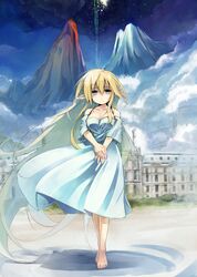  1girl absurdly_long_hair barefoot blonde_hair blue_dress breasts castle cleavage collarbone dress elf highres long_hair mountain nanaroku_(fortress76) original pixiv_fantasia pointy_ears short_sleeves solo v_arms very_long_hair 