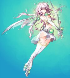  1girl armor bare_shoulders breasts character_request cleavage copyright_request elbow_gloves fingerless_gloves gloves long_hair midriff navel outstretched_arm purple_hair skirt solo thigh-highs violet_eyes wings wooni 