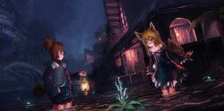  2girls :o animal_ears bare_shoulders blonde_hair detached_sleeves elin_(tera) hand_on_hip jumpei99 lantern long_hair multiple_girls smile tail tera_online water 