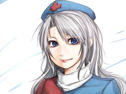  1girl blue_eyes breasts dress hanamaru-s hat lips long_hair nurse_cap silver_hair smile solo touhou yagokoro_eirin 
