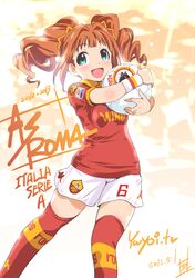  1girl :d ball blush dated green_eyes highres idolmaster inoue_sora long_hair open_mouth orange_hair shorts signature smile soccer_ball soccer_uniform solo takatsuki_yayoi thigh-highs twintails 