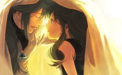  blue_eyes brown_hair closed_eyes green_hair jewelry n_(pokemon) necklace no_hat no_headwear pokemon pokemon_(game) pokemon_bw ponytail touko_(pokemon) yugimaru_(sugar) 