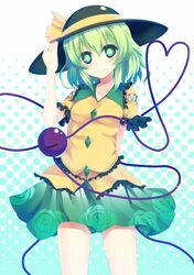  1girl aqua_background blush east01_06 eyeball floral_print green_eyes green_hair hat hat_ribbon heart heart_of_string komeiji_koishi polka_dot polka_dot_background ribbon short_hair short_sleeves skirt smile solo third_eye touhou 