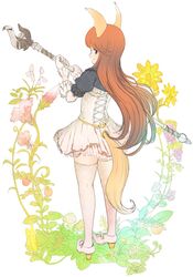  1girl animal_ears brown_hair elin_(tera) high_heels jumpei99 long_hair looking_back shoes solo tail tera_online thigh-highs violet_eyes white_legwear 