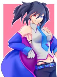  bare_shoulders belt black_hair blue_eyes detached_sleeves grin heterochromia highres kamishiro_irou midriff navel necktie pants red_eyes smile solo teeth twintails utau yokune_ruko 