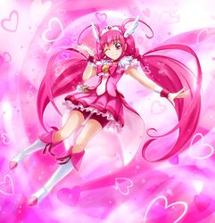  1girl bike_shorts boots choker cure_happy dress head_wings heart hoshizora_miyuki long_hair magical_girl pink_background pink_eyes pink_hair precure shorts_under_skirt skirt smile smile_precure! tiara tomo_(machinemess) twintails wink 