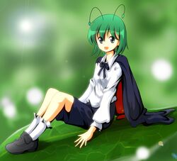  1girl antennae cape green_eyes green_hair minigirl open_mouth short_hair sitting smile solo touhou tsurukou_(tksymkw) wriggle_nightbug 