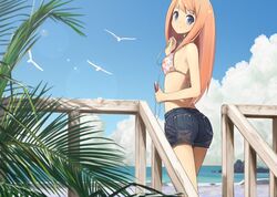  1girl arched_back bare_shoulders bikini_top bird blue_eyes clouds denim denim_shorts digital_media_player domo1220 earphones from_behind lens_flare light_smile long_hair looking_back ocean orange_hair original palm_tree railing shorts sky solo tree water 