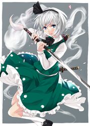  1girl blue_eyes hairband kazabana_fuuka konpaku_youmu konpaku_youmu_(ghost) petals scabbard sheath sheathed short_hair silver_hair skirt skirt_set solo sword touhou weapon 