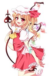  1girl ascot blonde_hair blush flandre_scarlet hat highres knbilove laevatein open_mouth red_eyes short_hair side_ponytail simple_background skirt skirt_set smile solo touhou white_background wings 