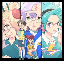  5boys aqua_hair beret blush brown_hair bust face glasses green_eyes hair_over_one_eye hat hayami_tsurumasa headphones idomajin inazuma_eleven inazuma_eleven_(series) inazuma_eleven_go inazuma_eleven_go_galaxy male manabe_jin'ichirou manga_moe megane_kakeru multiple_boys open_mouth otomura_gakuya oumihara purple_hair raimon shinsei_inazuma_japan shuuyou_meito sitting soccer_uniform 