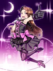  1girl :d armpits bare_shoulders boots bow brown_hair city crescent_moon dress flower frills gloves hair_flower hair_ornament high_heels idolmaster long_hair microphone minase_iori moon night open_mouth pointing red_eyes shoes smile solo thigh-highs tkhs vertical-striped_legwear vertical_stripes wire 