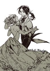  2girls alternate_hairstyle bare_back christa_renz dancing darkwinslow dated dress elbow_gloves formal gloves gown hair_up holding_hands monochrome multiple_girls ponytail shingeki_no_kyojin signature veil ymir_(shingeki_no_kyojin) yuri 
