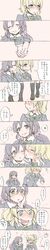  2girls absurdres ayase_eli black_hair blazer blonde_hair blue_eyes blush cheek_kiss embarrassed green_eyes highres kamui87 kiss long_hair long_image looking_at_another love_live!_school_idol_project multiple_girls ponytail school_uniform skirt smile tall_image toujou_nozomi translation_request twintails yuri 