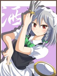  1girl blush braid deego_(omochi_bazooka) izayoi_sakuya knife looking_at_viewer maid maid_headdress red_eyes short_hair silver_hair solo touhou twin_braids 