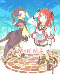  aruka belt black_hair blonde_hair gloves hani_(udauda) legs multicolored_hair perie pointy_ears ponytail redhead summon_night_5 violet_eyes 