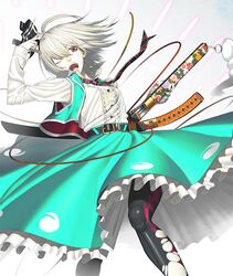 1girl belt black_legwear botaofnw hairband konpaku_youmu open_mouth pantyhose red_eyes scabbard sheath short_hair silver_hair skirt solo swod torn_pantyhose touhou wink 