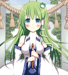  1girl blue_eyes blush breasts detached_sleeves frog_hair_ornament gohei green_hair hair_ornament hair_tubes highres kochiya_sanae long_hair shimenawa skirt smile snake_hair_ornament solo tomotomokokoro torii touhou tree 